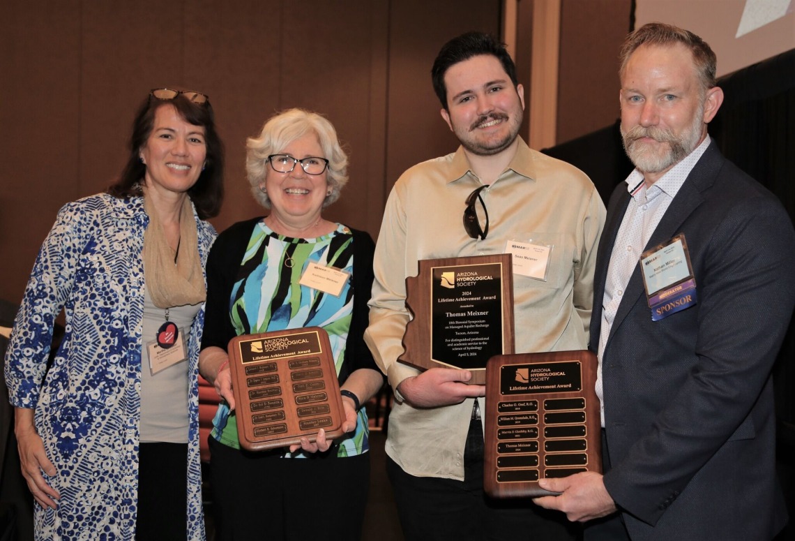 Tom Meixner Lifetime Achievement Award Ceremony with Martha Whitaker, Kathleen Meixner, Sean Meixner, and Nathan Miller, AHS Corporate Board President and HAS Alumnus